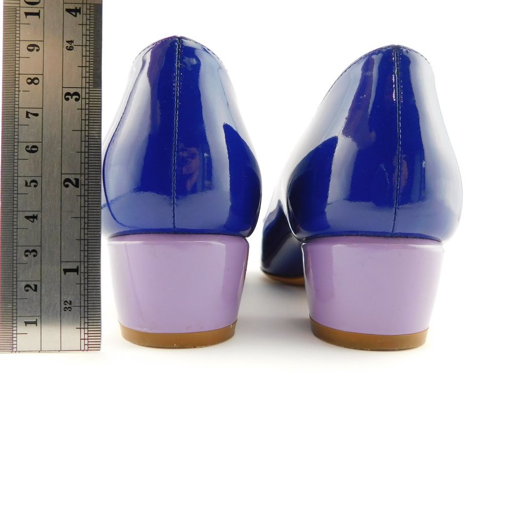 FERRAGAMO Vara Logo Bow Brilliant Blue & Lavender Patent Block Heel Pumps 6.5 - Picture 7 of 13